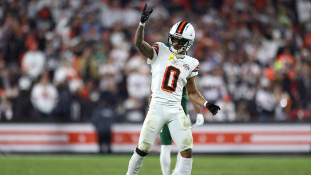 Dec 28, 2023; Cleveland, Ohio, USA; Cleveland Browns cornerback Greg Newsome II (0) reacts during the first half against the New York Jets during the second half at Cleveland Browns Stadium.